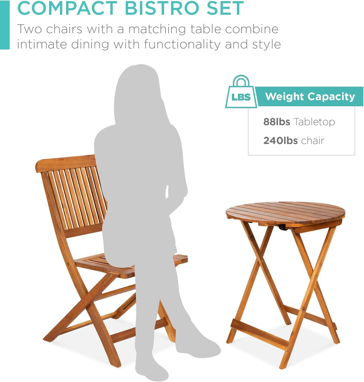 Best Choice Products - Juego de bistró de madera de acacia (3 piezas), muebles plegables adecuados para patio, jardín, balcón, terraza; incluye 2 sillas, mesa auxiliar redonda, terminación teca natural