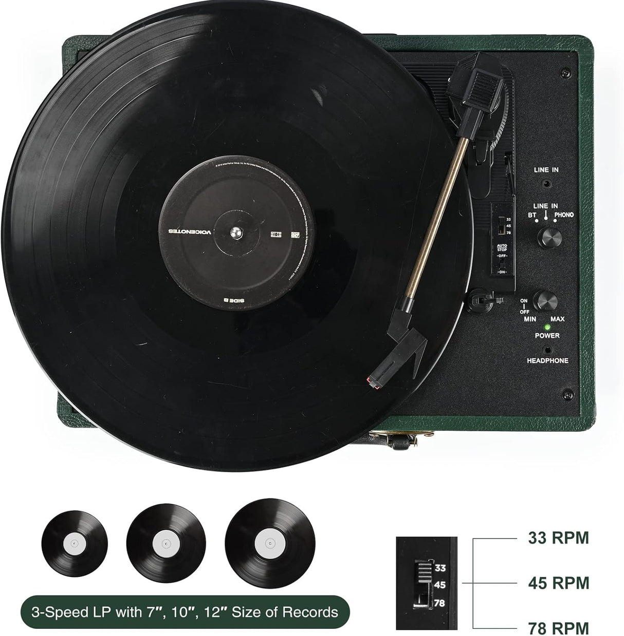 Reproductor de Vinilo Portátil 3 Velocidades con Bluetooth