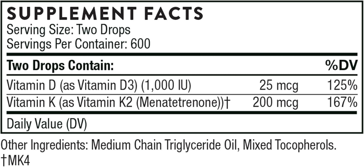 Thorne Vitamina D + K2 Líquido con dispensador, 600 porciones