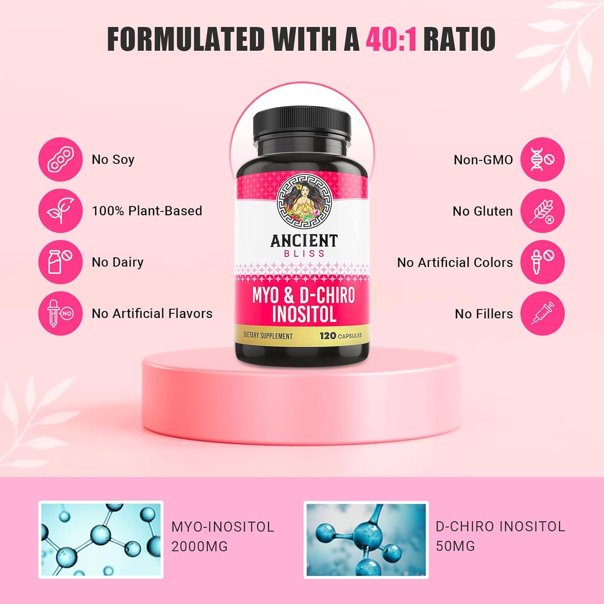 Ancient Bliss Suplemento Myo & D-Chiro Inositol 40:1, 120 cápsulas