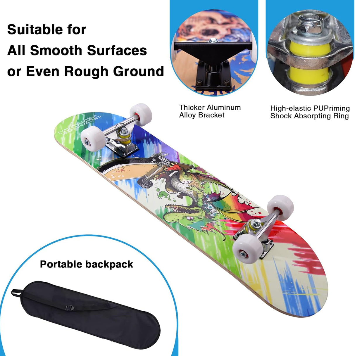 Skateboard Completo de 31 Pulgadas con Doble Kick y Diseño