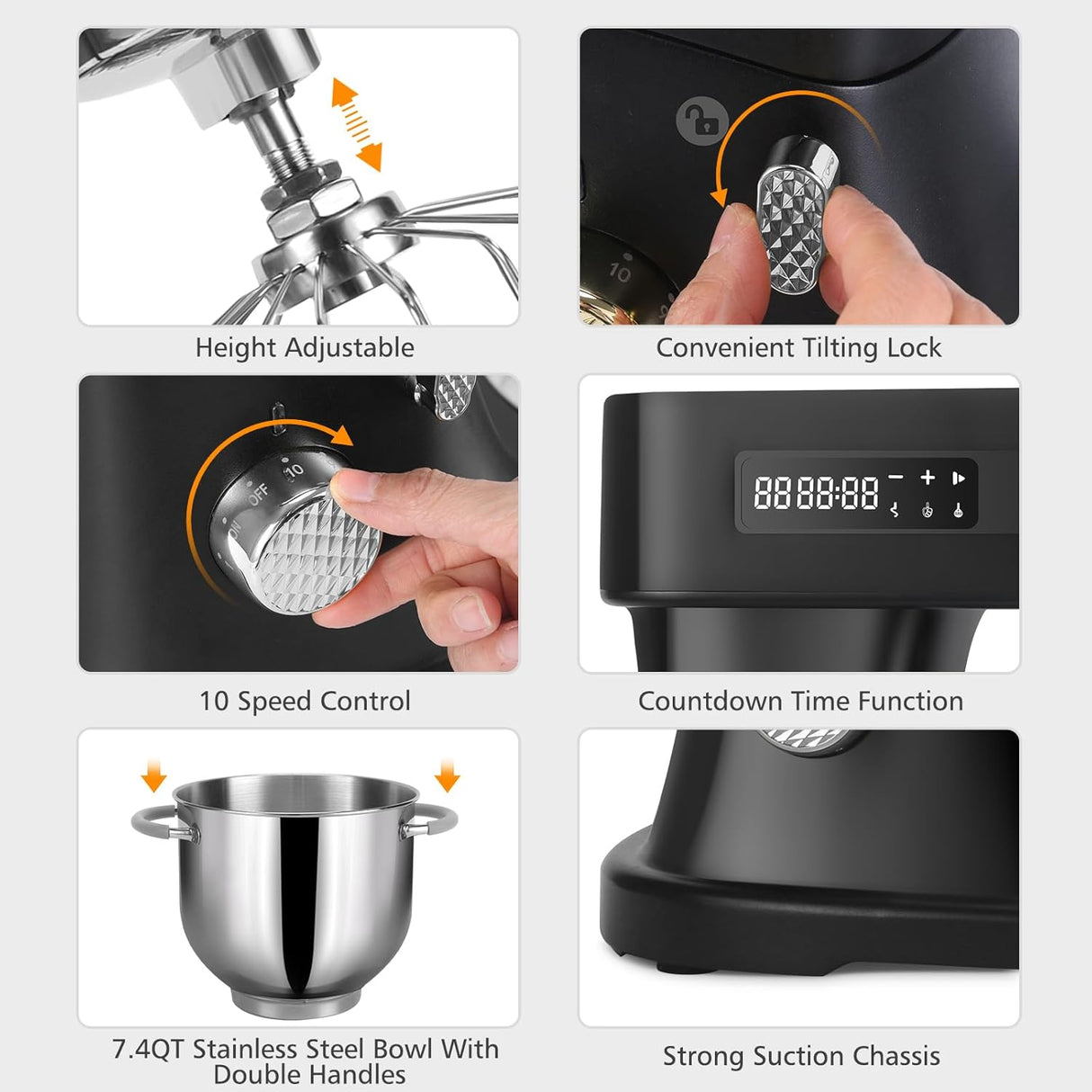 Batidora de pie 7.4QT 800W con 3 accesorios de acero inoxidable