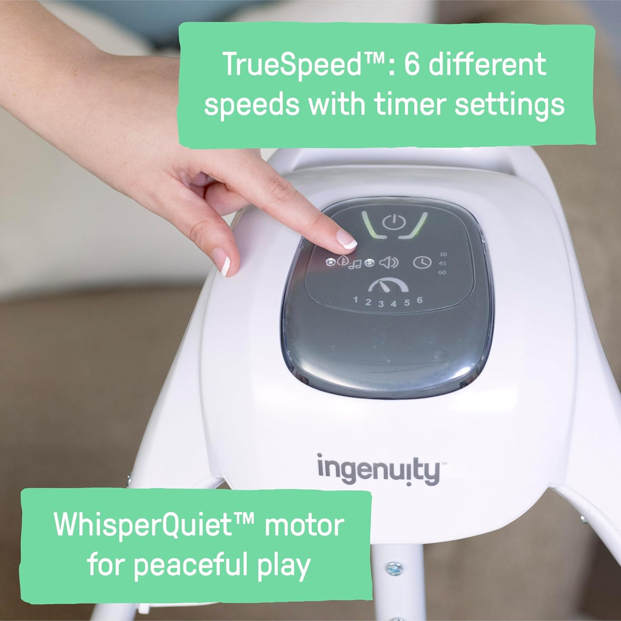 Ingenuity SimpleComfort - Columpio compacto relajante, barra de juguetes giratoria, asiento giratorio, 6 velocidades, para edades de 0 a 9 meses, hasta 20 libras, Parker