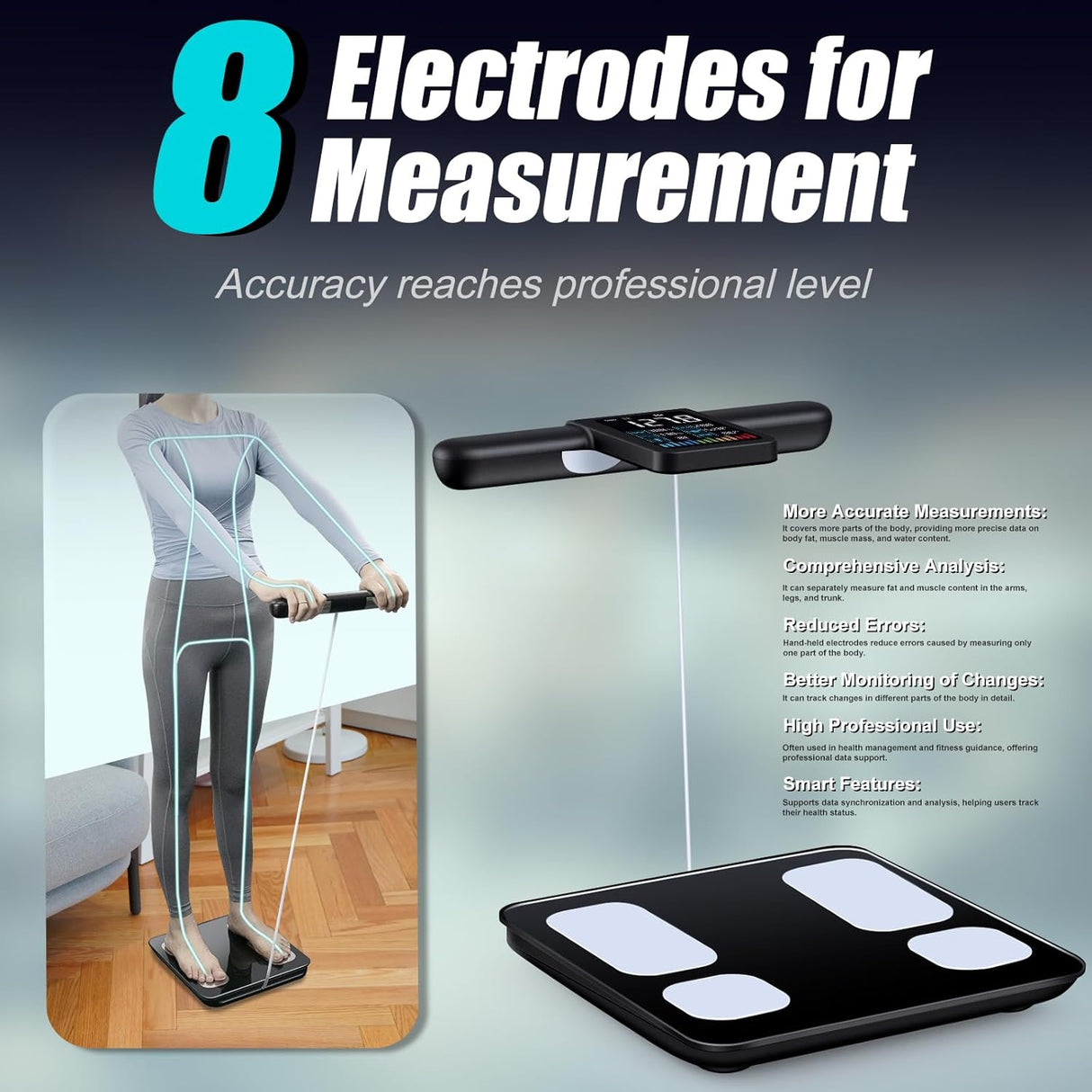 Báscula de grasa corporal 8 electrodos, alta precisión, recargable