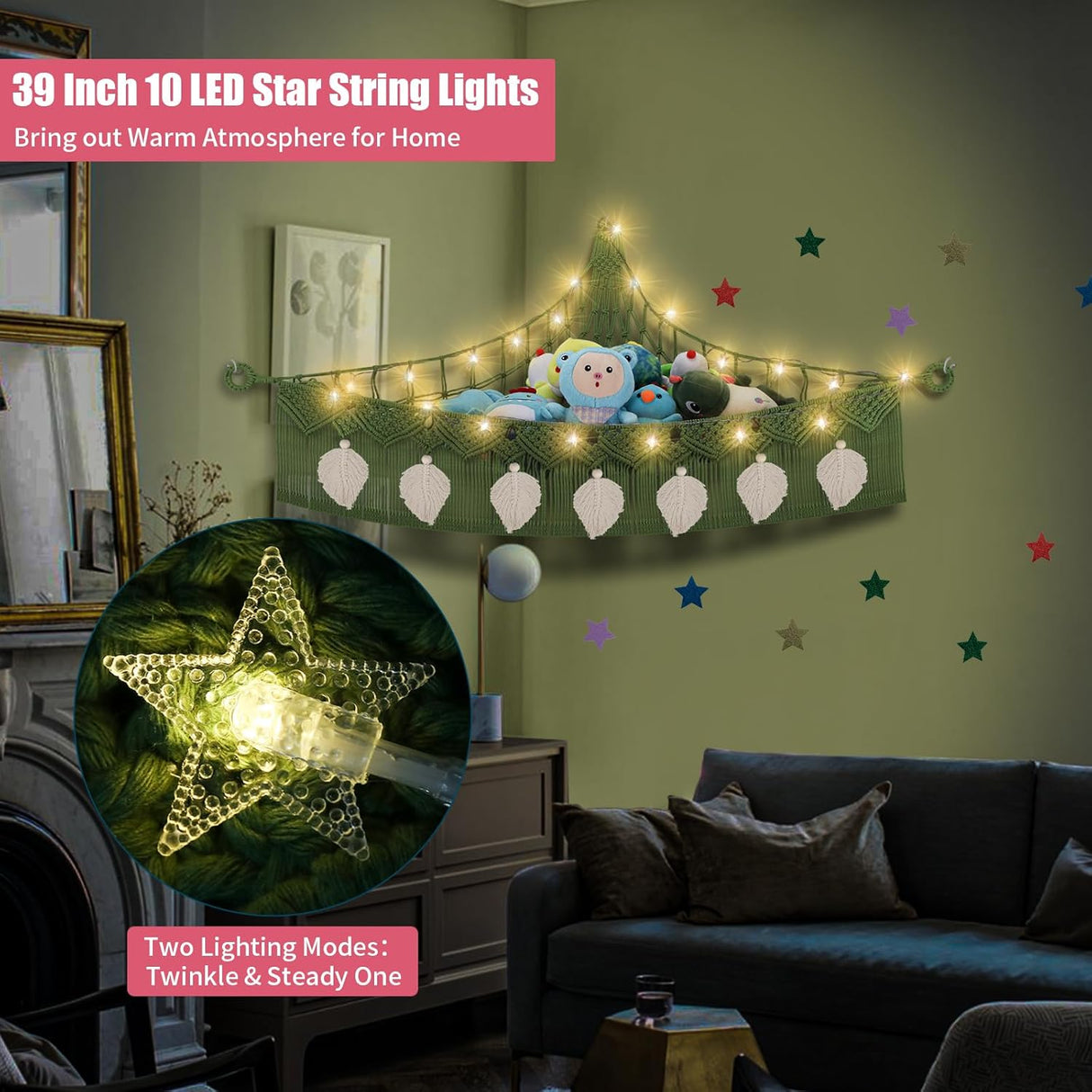 Hamaca para Peluches, Organizador Boho con Luz Estrella, 56