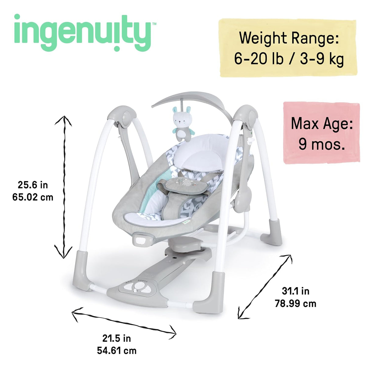 Ingenuity ConvertMe - 2 en 1 columpio portátil y compacto para bebé y asiento infantil, vibraciones alimentadas por batería, balanceo automático, sonidos de la naturaleza, Raylan