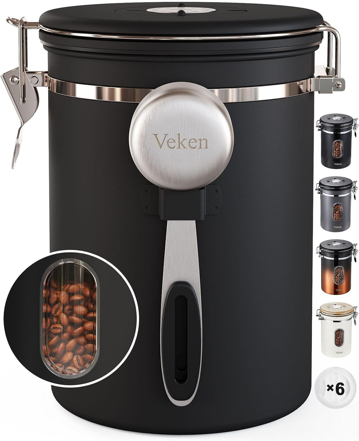 Veken Canister de Café con Ventana, Apto para Alimentos, 22OZ