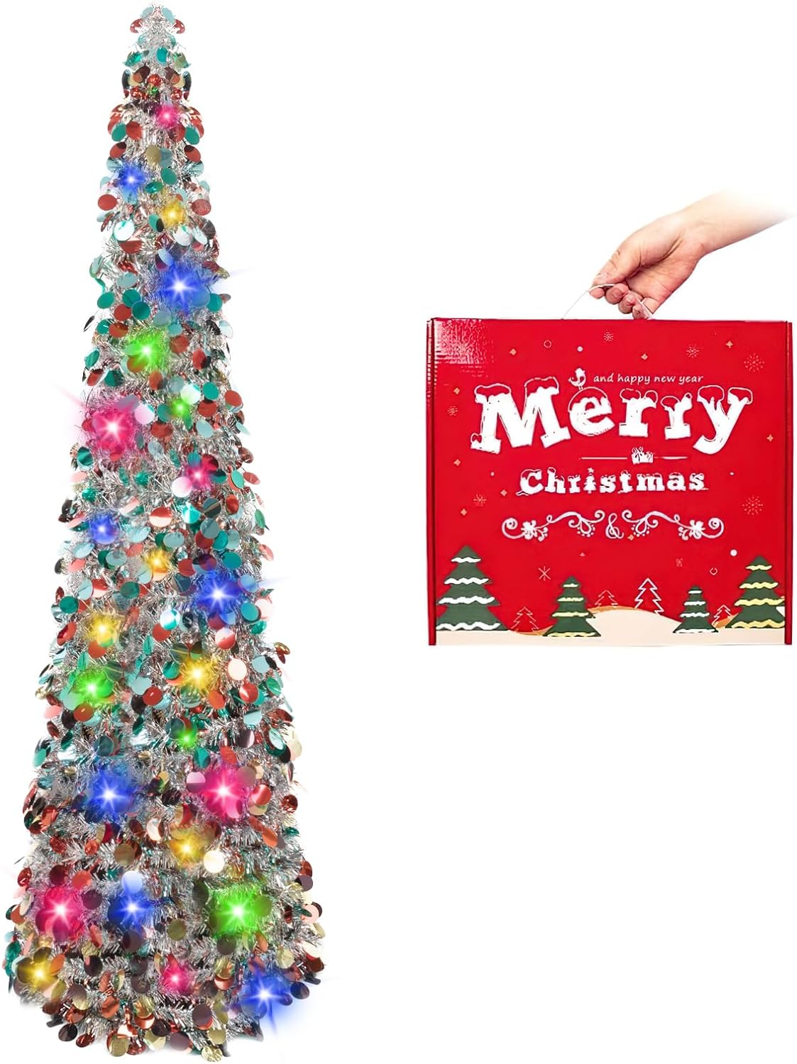 Árbol de Navidad Tinsel 5ft MACTING con luces y fácil ensamblaje