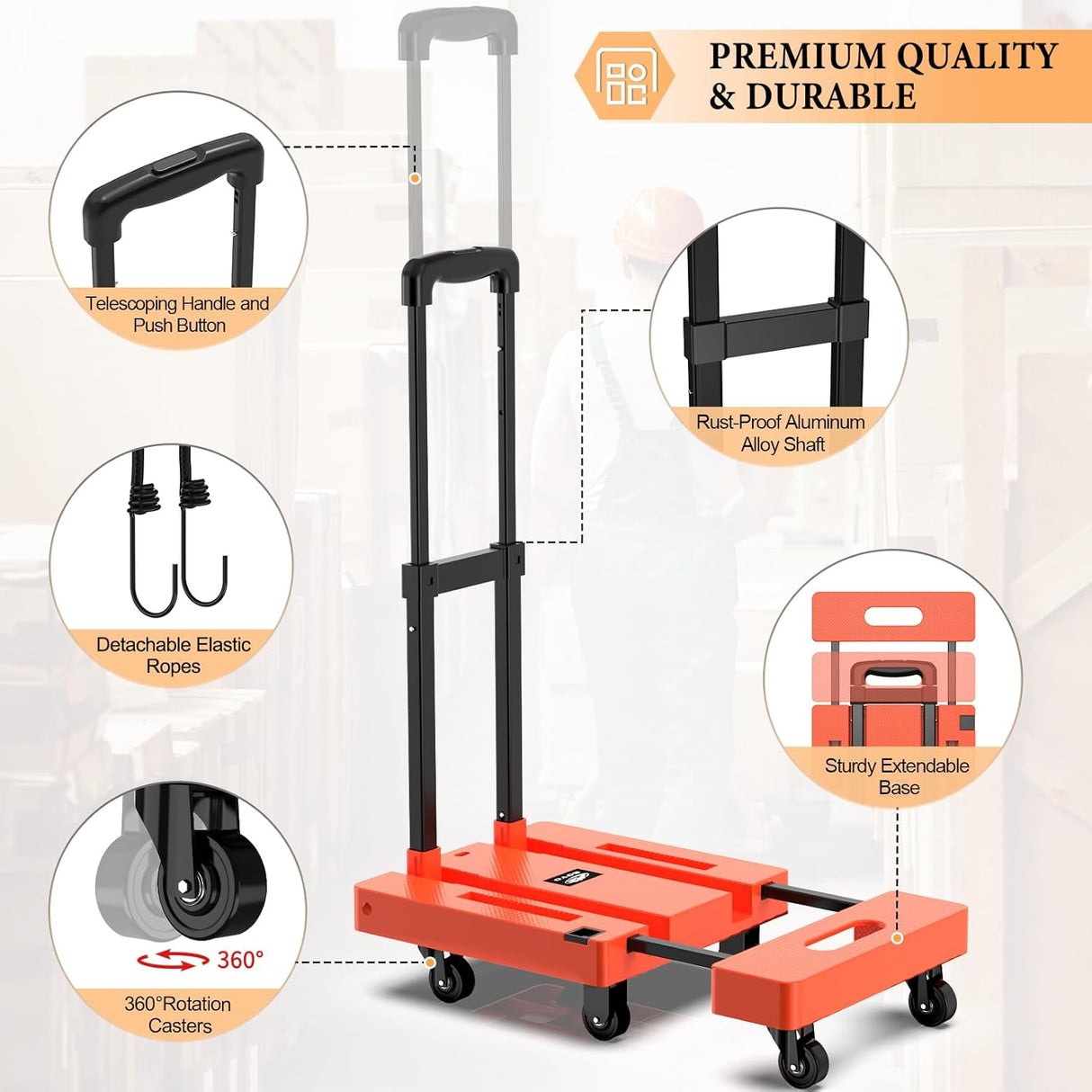 Carretilla Plegable SOYO, 500lbs, 6 Ruedas, 2 Cuerdas Elásticas