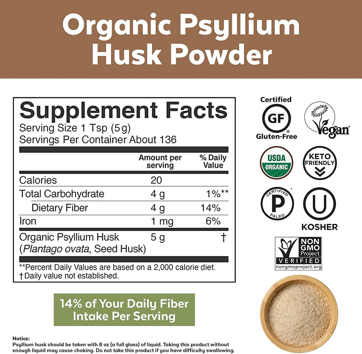 Polvo orgánico de cáscara de psyllium, Viva Naturals 24 onz