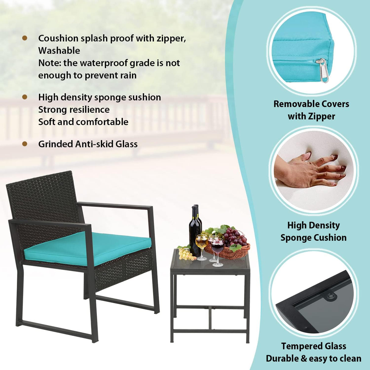 FDW Juego de 3 piezas de muebles de patio para exteriores, sillas de mimbre para patio, muebles de ratán para exteriores, patio, porche, piscina, césped, cojín azul