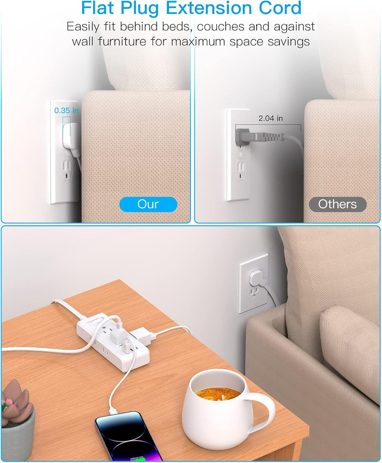 Regleta de alimentación de enchufe plano, cable de extensión