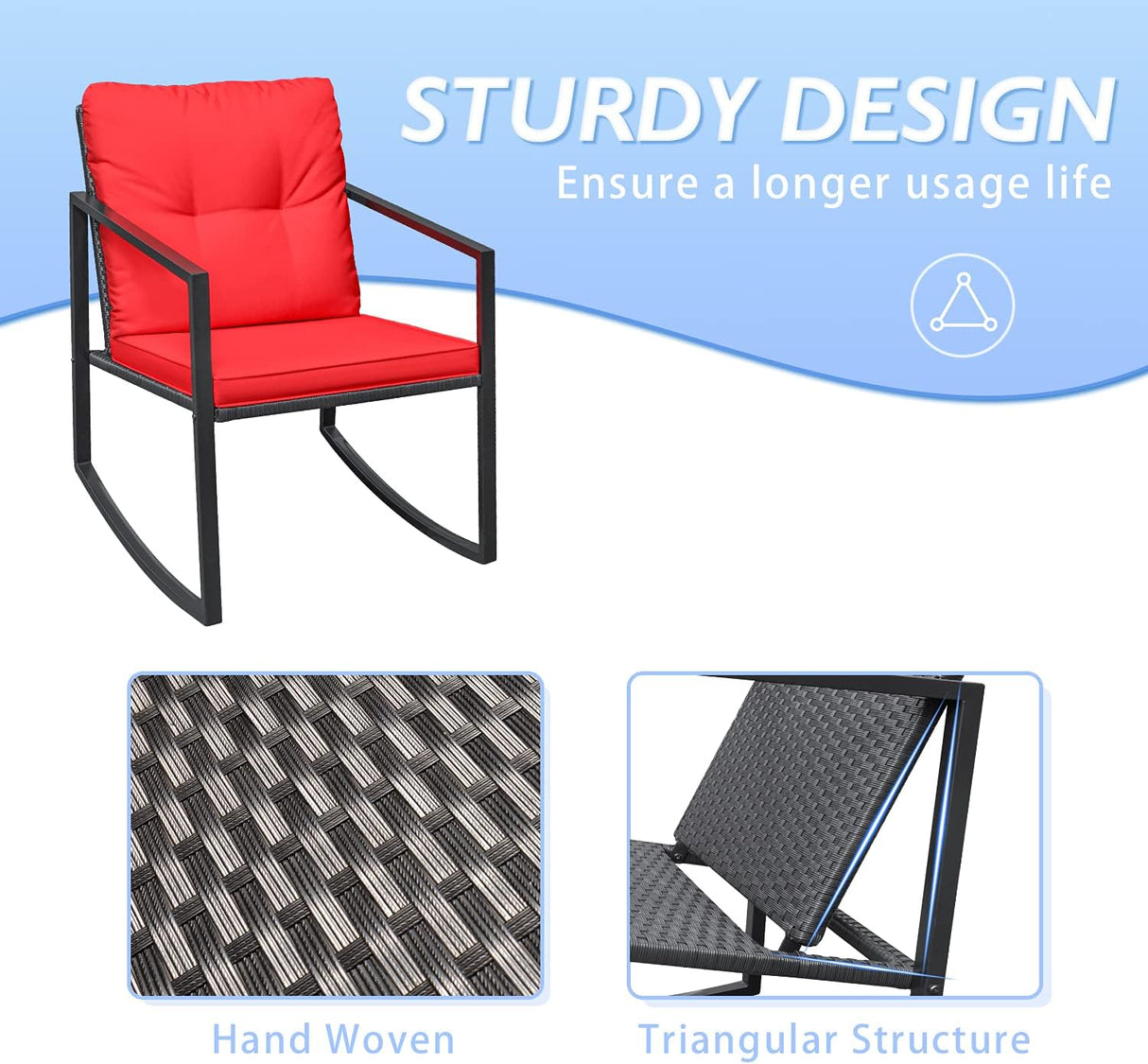 Greesum Juego de 3 piezas de mimbre mecedor, juegos de conversación de muebles de patio al aire libre con sillas de porche y mesa de café de cristal, color rojo
