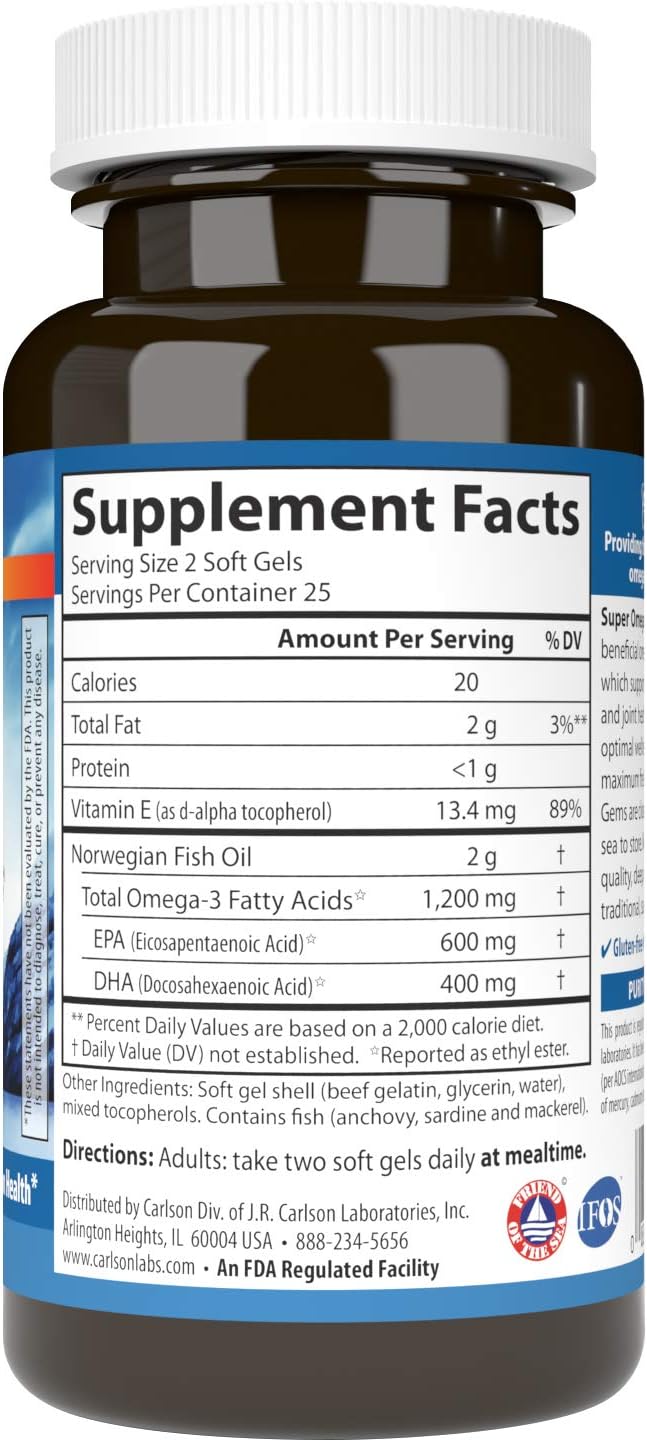 Carlson - Omega-3 Super Gems, 1200 mg, Pescado Salvaje, 50 cápsulas