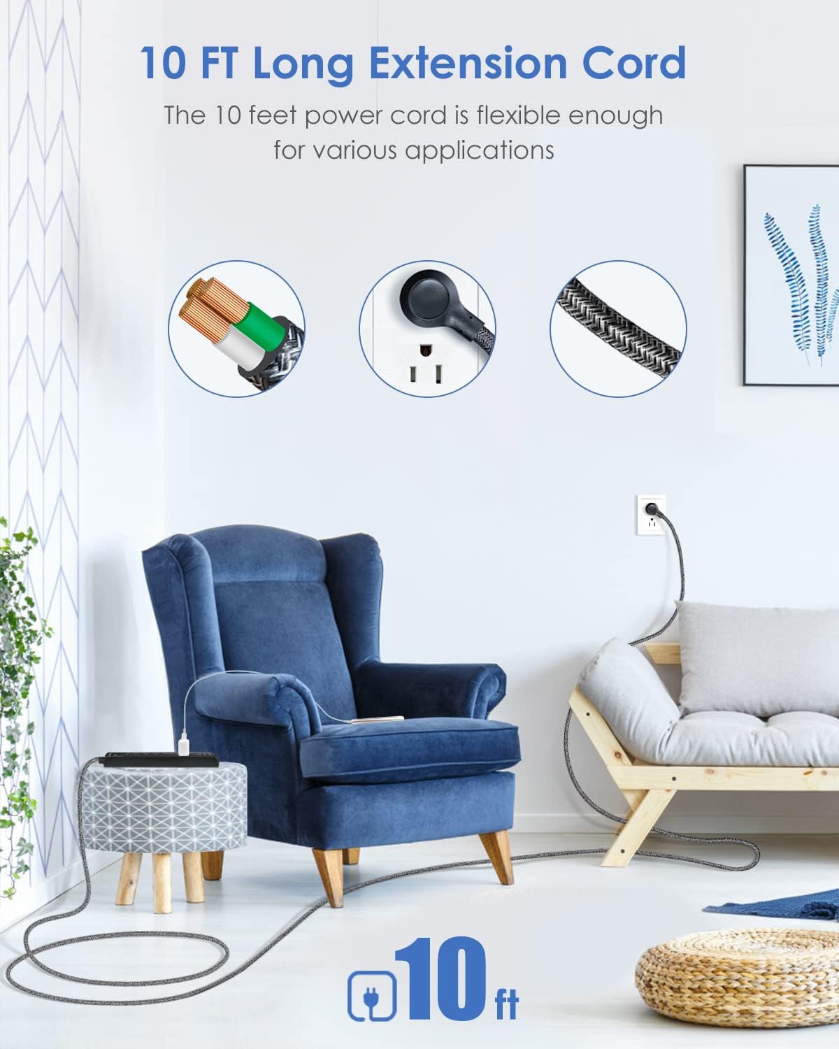 Regleta protectora contra sobretensiones de 10 pies, 5 tomacorrientes