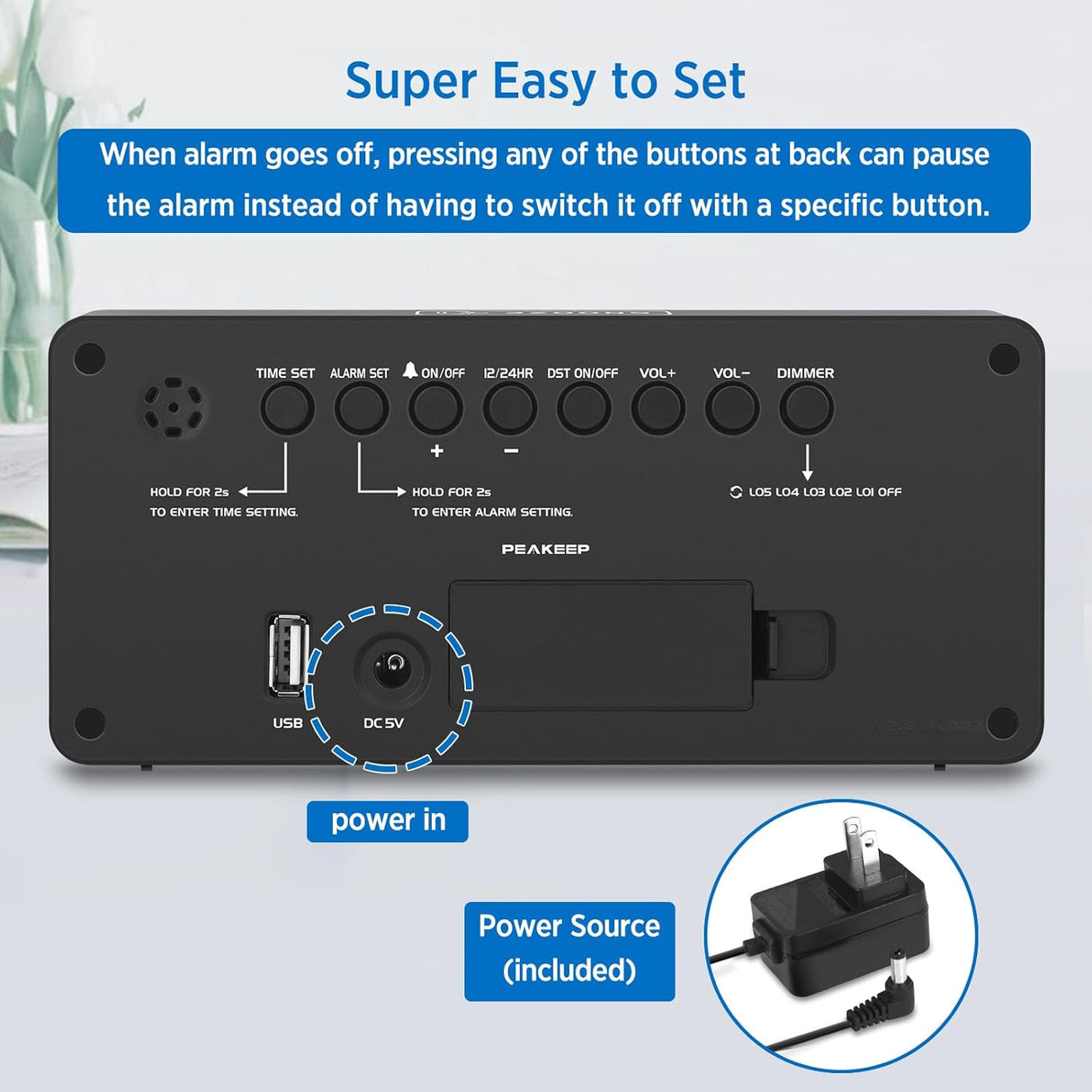 Reloj Despertador Digital con Números Grandes y Cargador USB