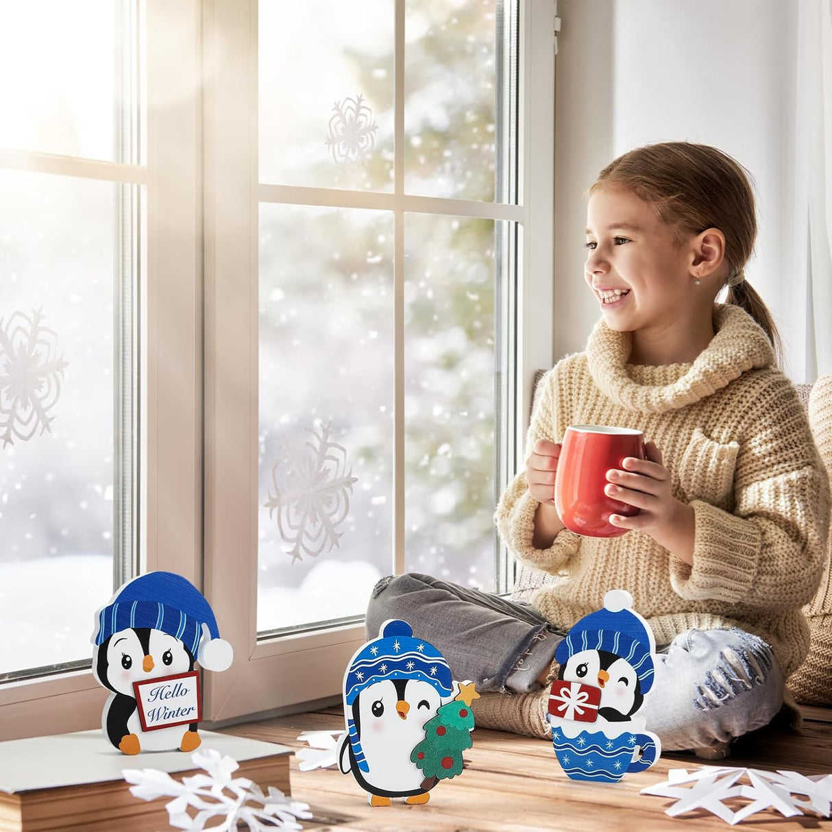 Bloques de Madera Set 3 Decoraciones Navideñas de Pingüinos