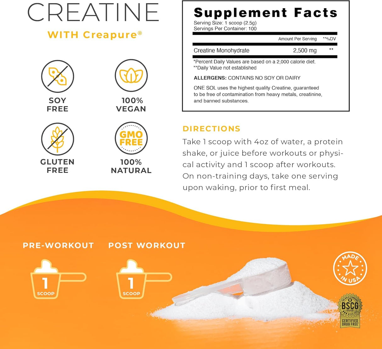 Creatina para Mujeres One Sol, Aumenta Masa Muscular, 100 Serv.
