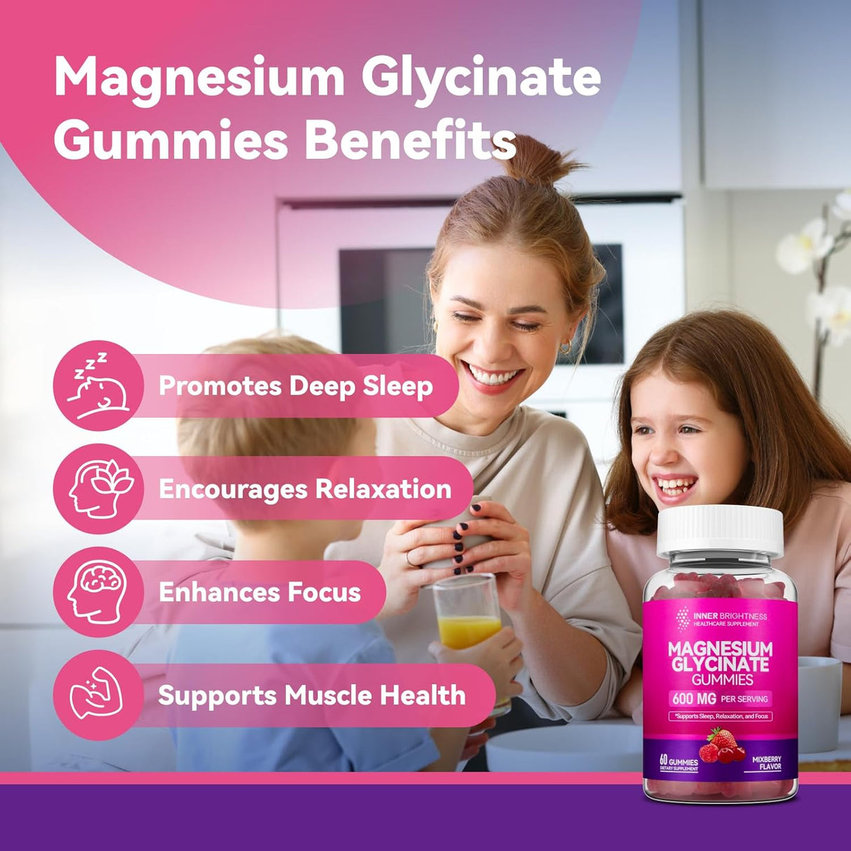 Gummies de Magnesio Glycinato 600mg Non-GMO Gluten-Free 60u