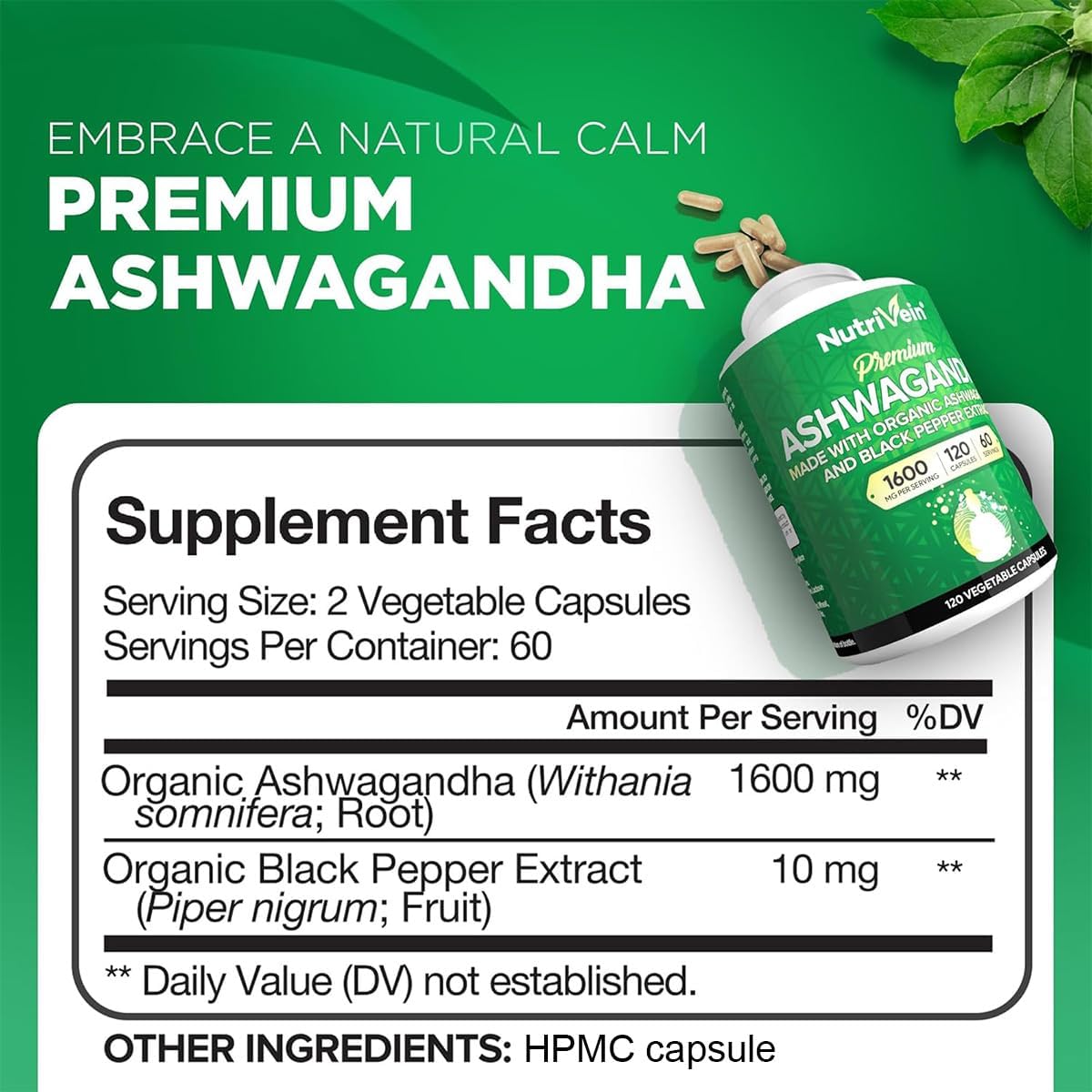 Nutrivein Cápsulas de Ashwagandha 1600mg con Pimienta Negra