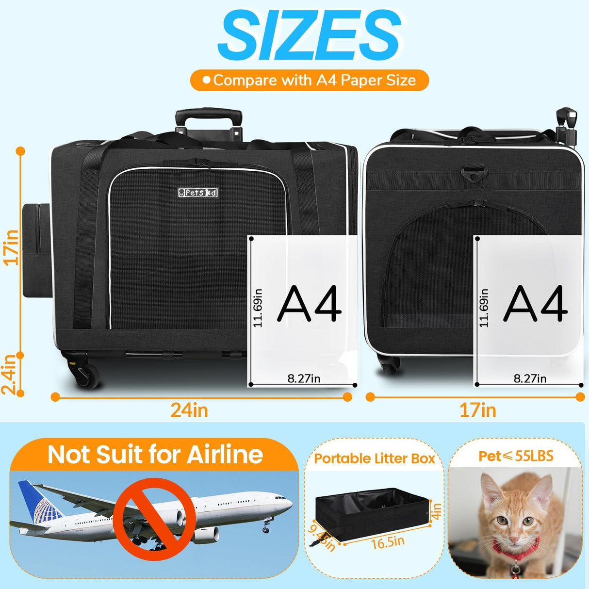 Transportadora Extra Grande con Ruedas Petskd, 24x17x17