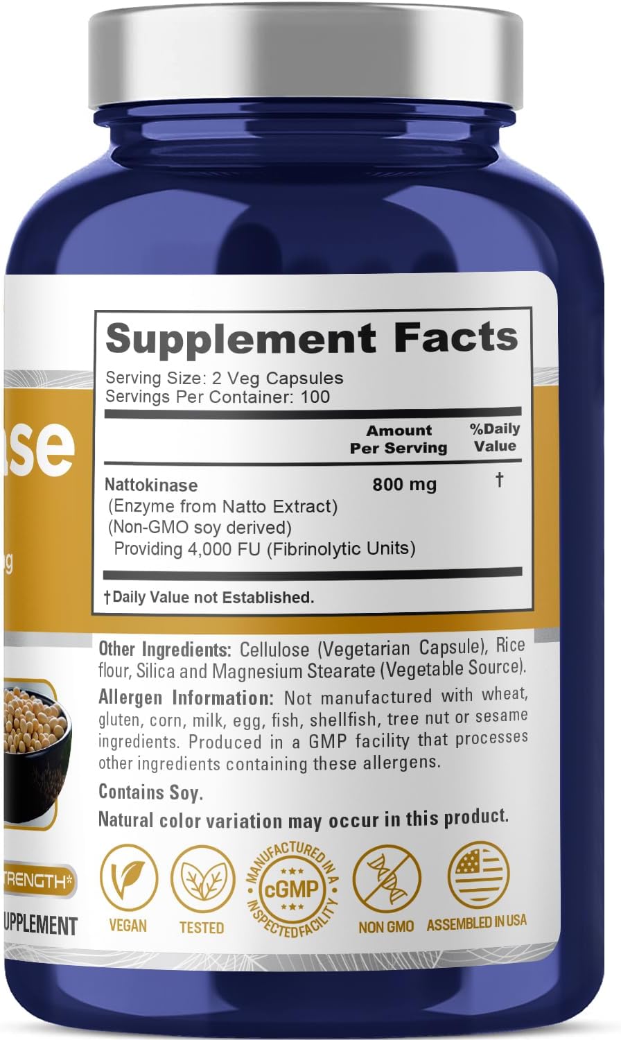 Nattokinase 4000 FU 800 mg, 200 cápsulas vegetales vegano sin OGM