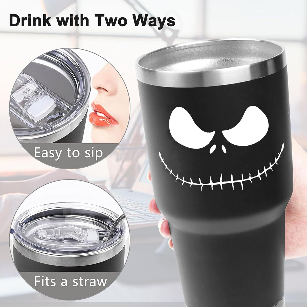 Taza de Acero Inoxidable Jack Skellington 30 oz con Asa y Popote