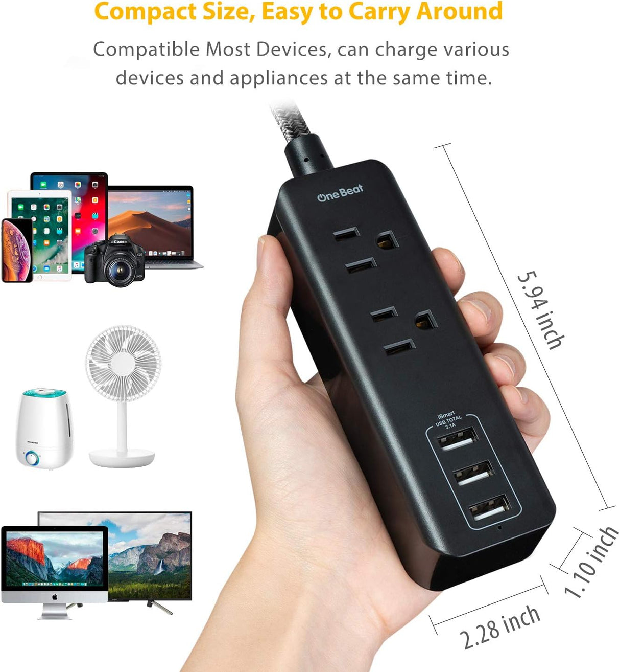 Caja de enchufes de viaje con 3 puertos USB de carga (3,1 A, 15 W) y 2 tomacorrientes, estación de carga de escritorio con cable de extensión trenzado de 5 pies, enchufe plano, portátil para hotel, crucero, hogar y oficina