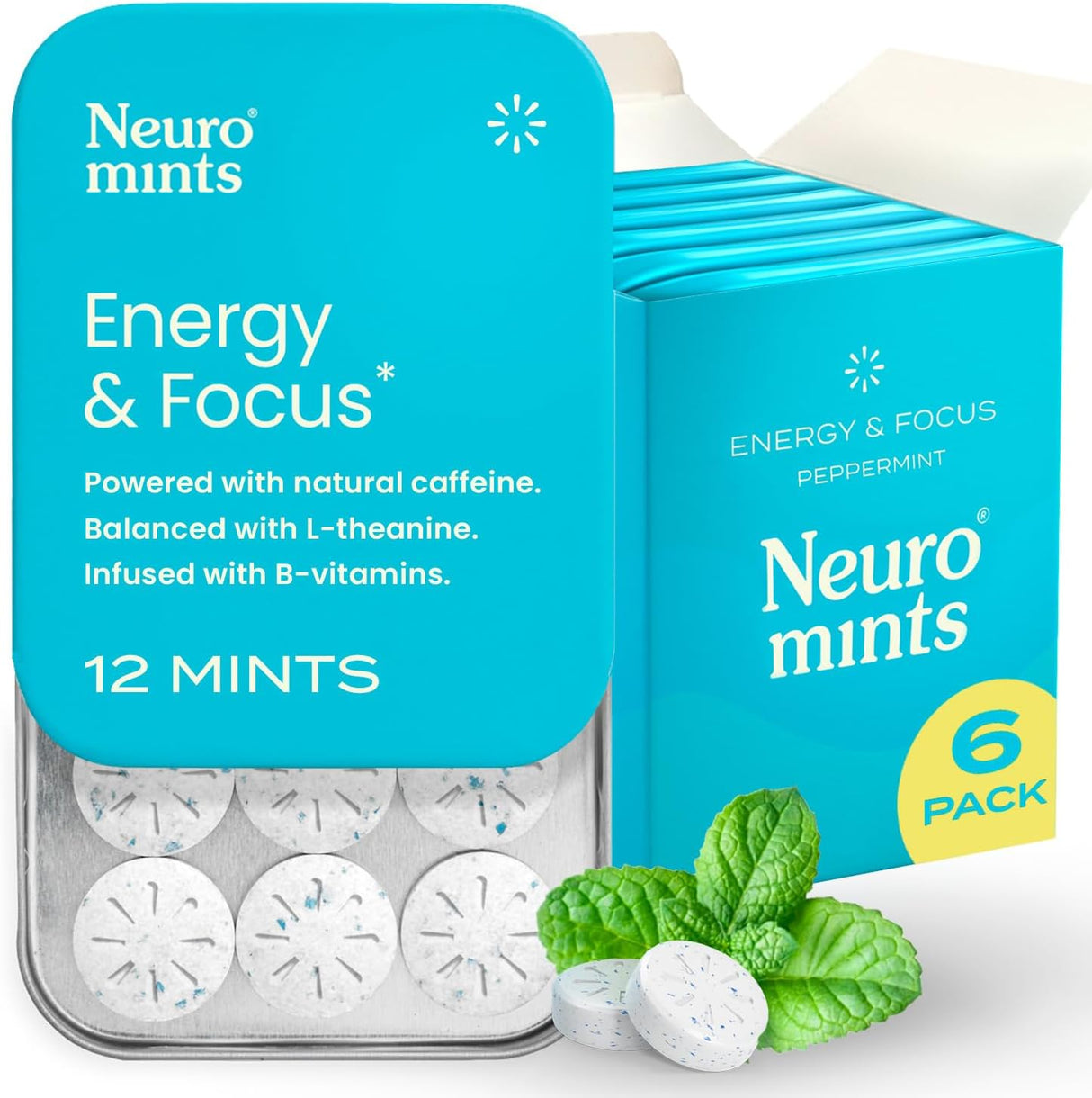 NeuroGum Energy Caffeine Mints (72 piezas) – Sin azúcar con L-teanina + cafeína natural + vitamina B12 y B6 – Suplemento nootrópico de energía y enfoque para mujeres y hombres – Keto y vegano, sabor a