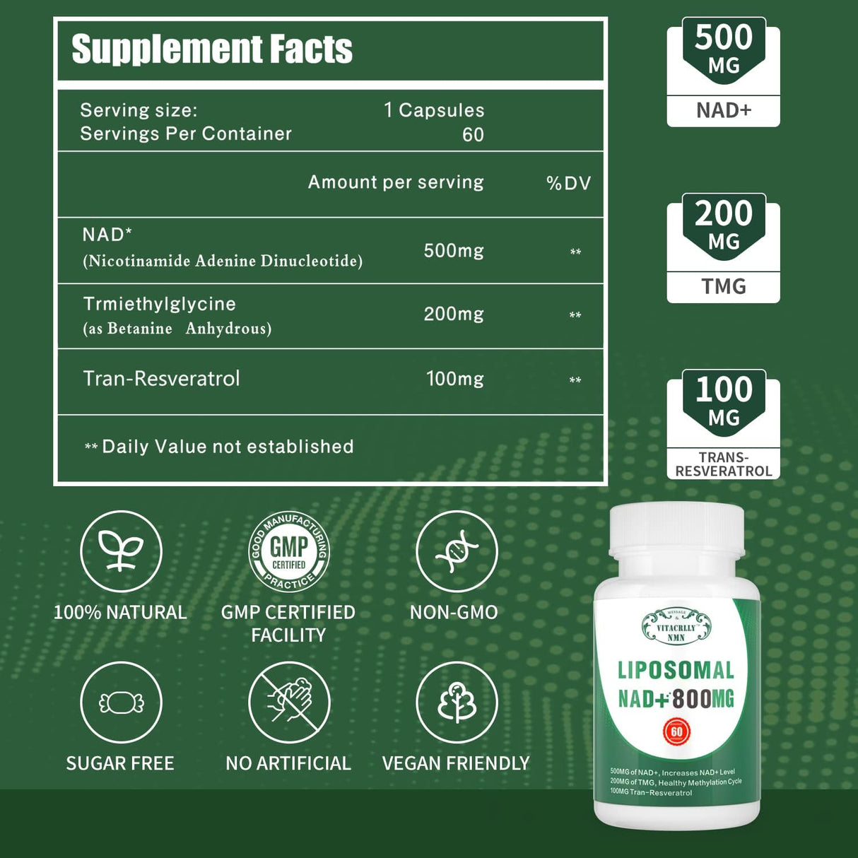 Suplemento liposomal NAD+ 800 mg real nicotinamida ribósido