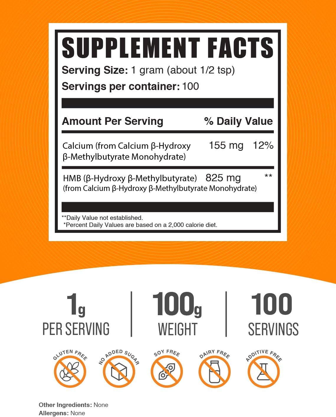 HMB en polvo BulkSupplements, 1000mg, 100g (Calcio HMB)