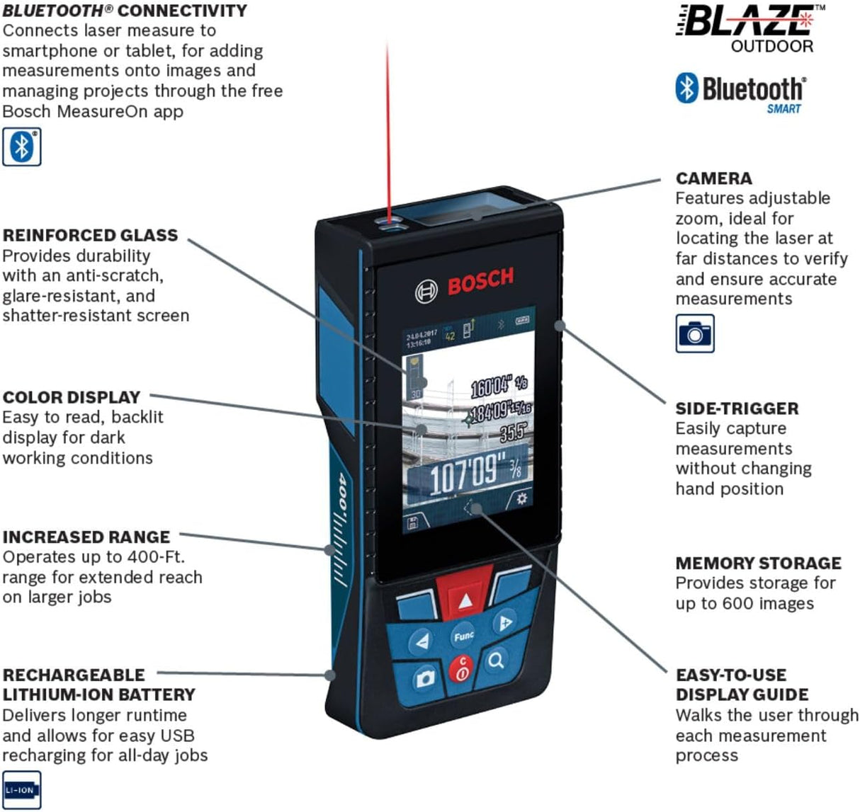 Medidor láser conectado Bluetooth de 400 pies GLM400C Blaze Outdoor con cámara y pilas AA