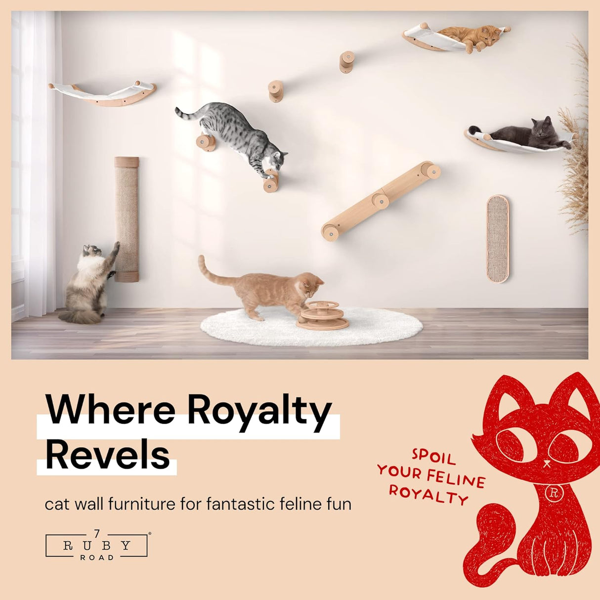 Hamaca de gato montada en pared 7 Ruby Road, con dos escalones