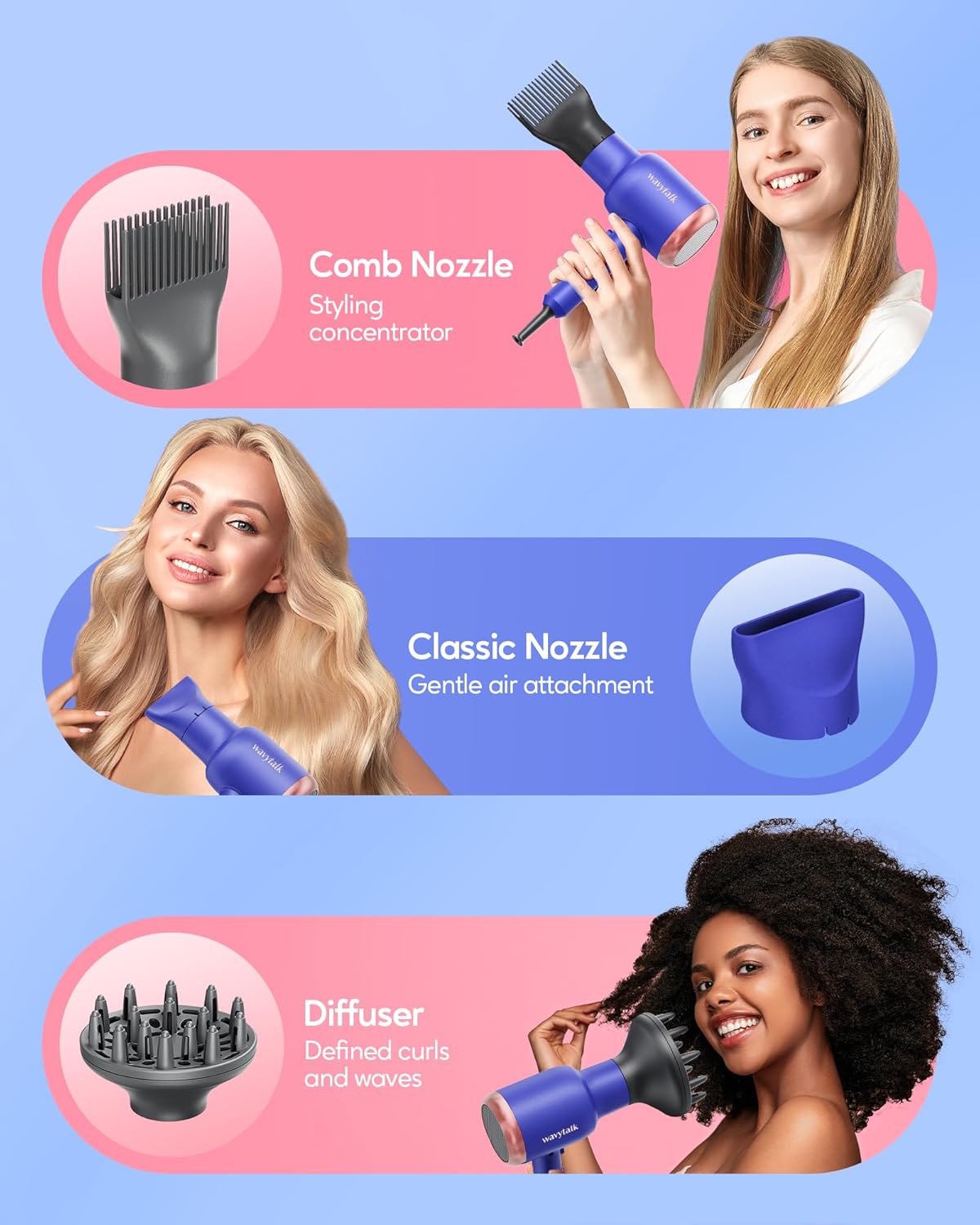 Secador de pelo profesional con boquilla difusora y peine