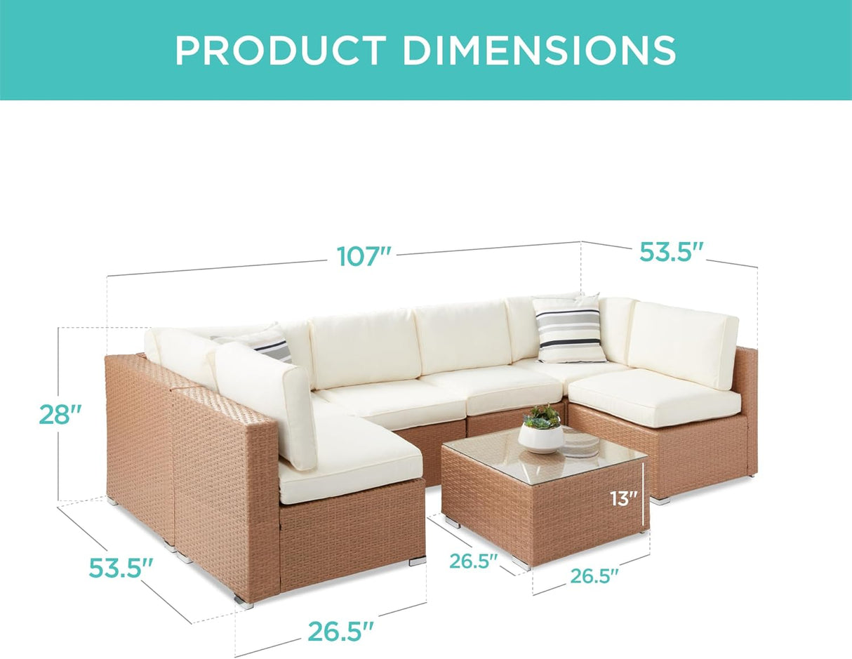 Best Choice Products Juego de sofá modular de mimbre modular de 7 piezas para exteriores con 6 sillas, 2 almohadas, clips de asiento, mesa auxiliar, funda incluida, natural/marfil
