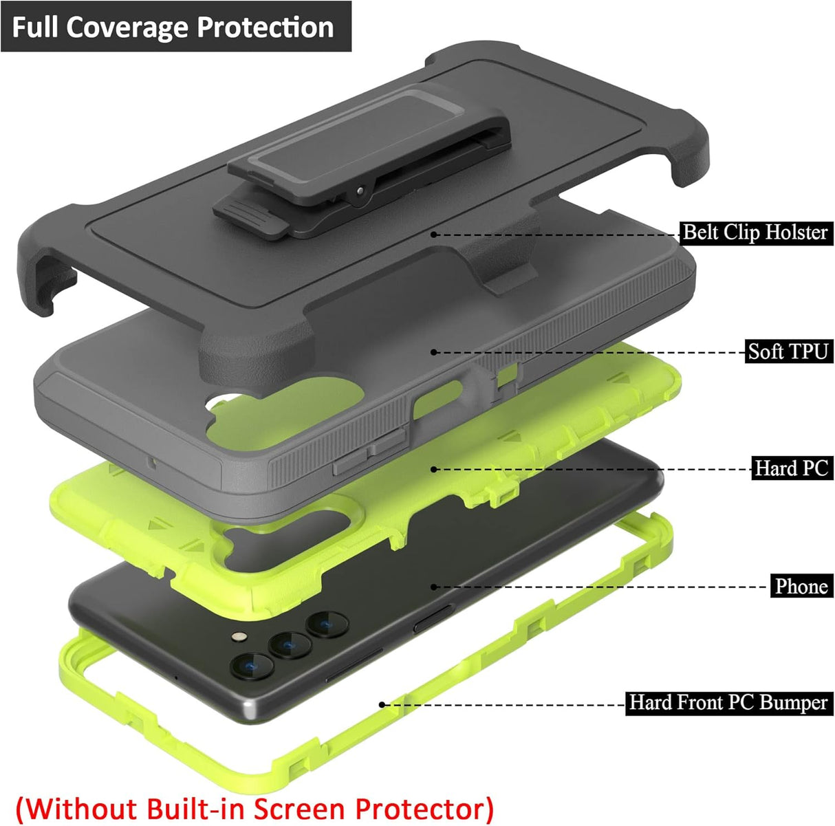 Funda compatible con Samsung Galaxy A13 5G (no compatible con A13 4G), con clip de cinturón, resistente, resistente a prueba de golpes, protección de cuerpo completo, funda para Samsung Galaxy A13 5G (gris oscuro + verde)