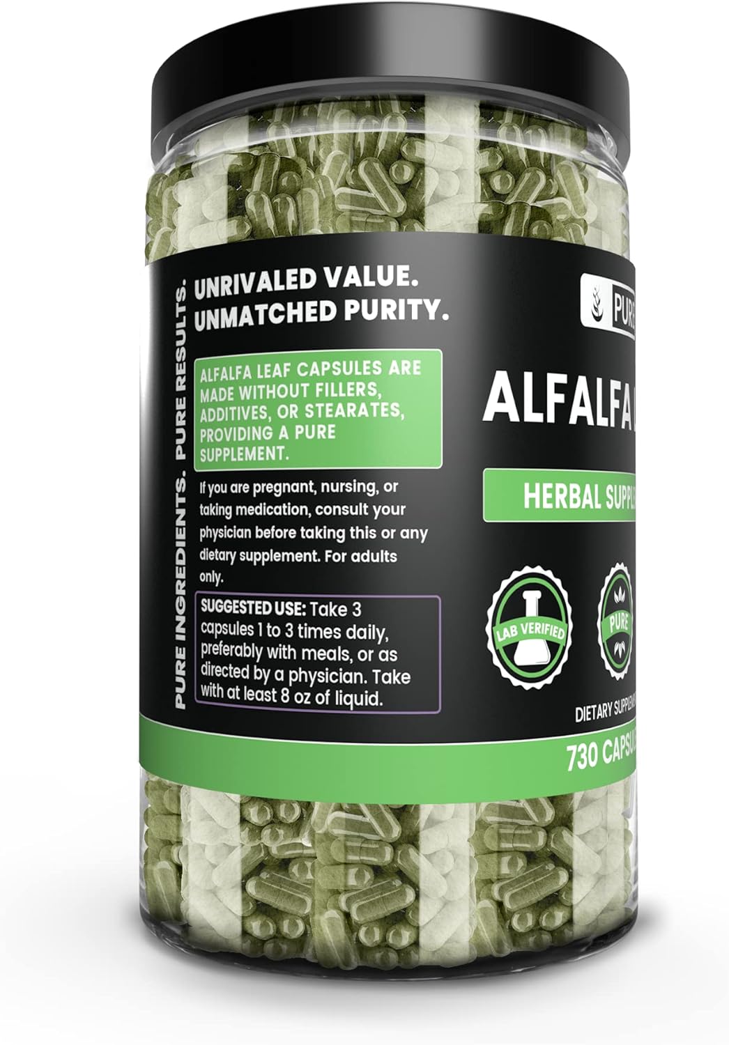 Hoja de alfalfa natural 100% pura sin estearatos ni rellenos