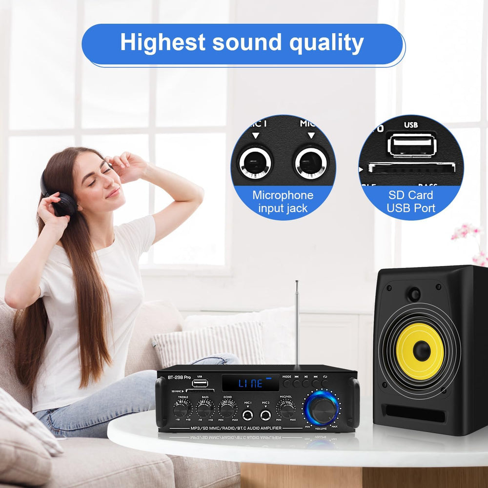 Amplificador Estéreo 2.0 Bluetooth 5.0, 800W, Control Remoto