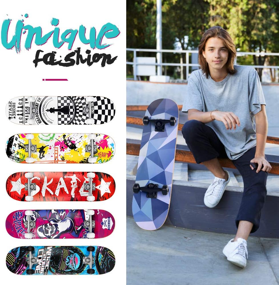 Patineta completa para principiantes, 31"x8", 7 capas, doble kick