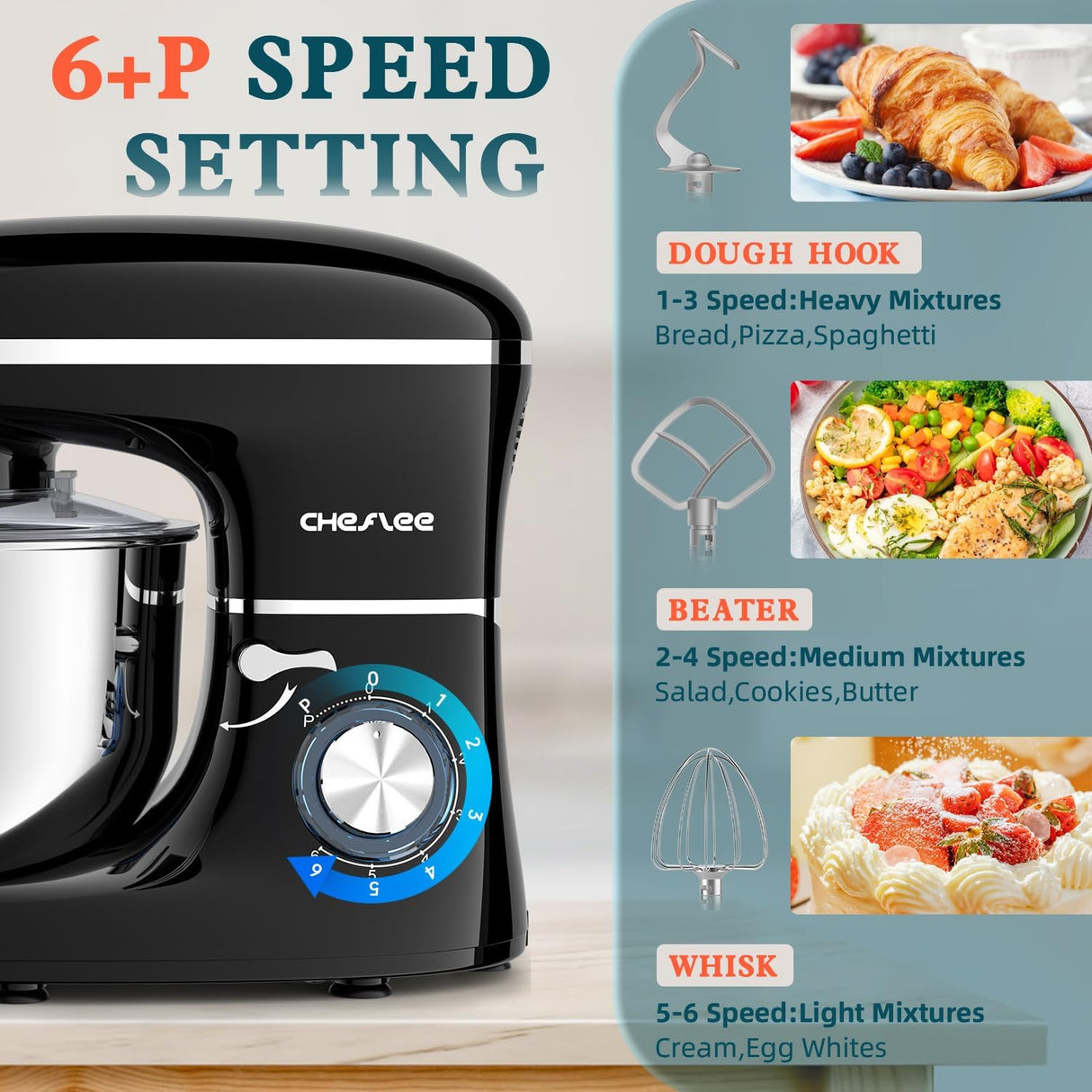 Batidora de pie CHeflee, 600W, 6.5QT, 6+P, accesorios incluidos