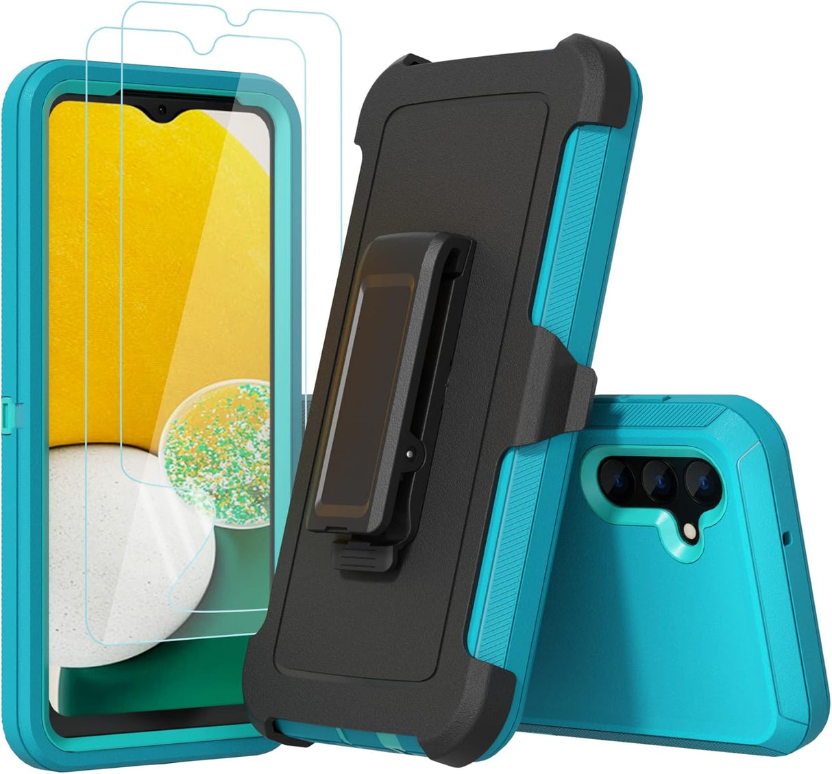 Funda compatible con Samsung Galaxy A13 5G (no compatible con A13 4G), con clip de cinturón, resistente a prueba de golpes, protección de cuerpo completo, funda para Samsung Galaxy A13 5G (verde azulado + azul claro)