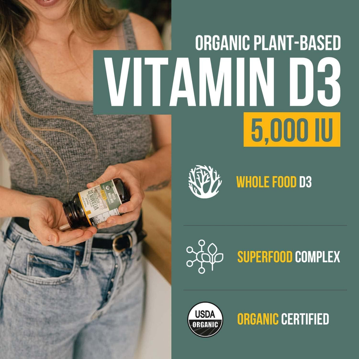 Vitamina D3 orgánica 5,000 UI con complejo prebiótico y superalimentos