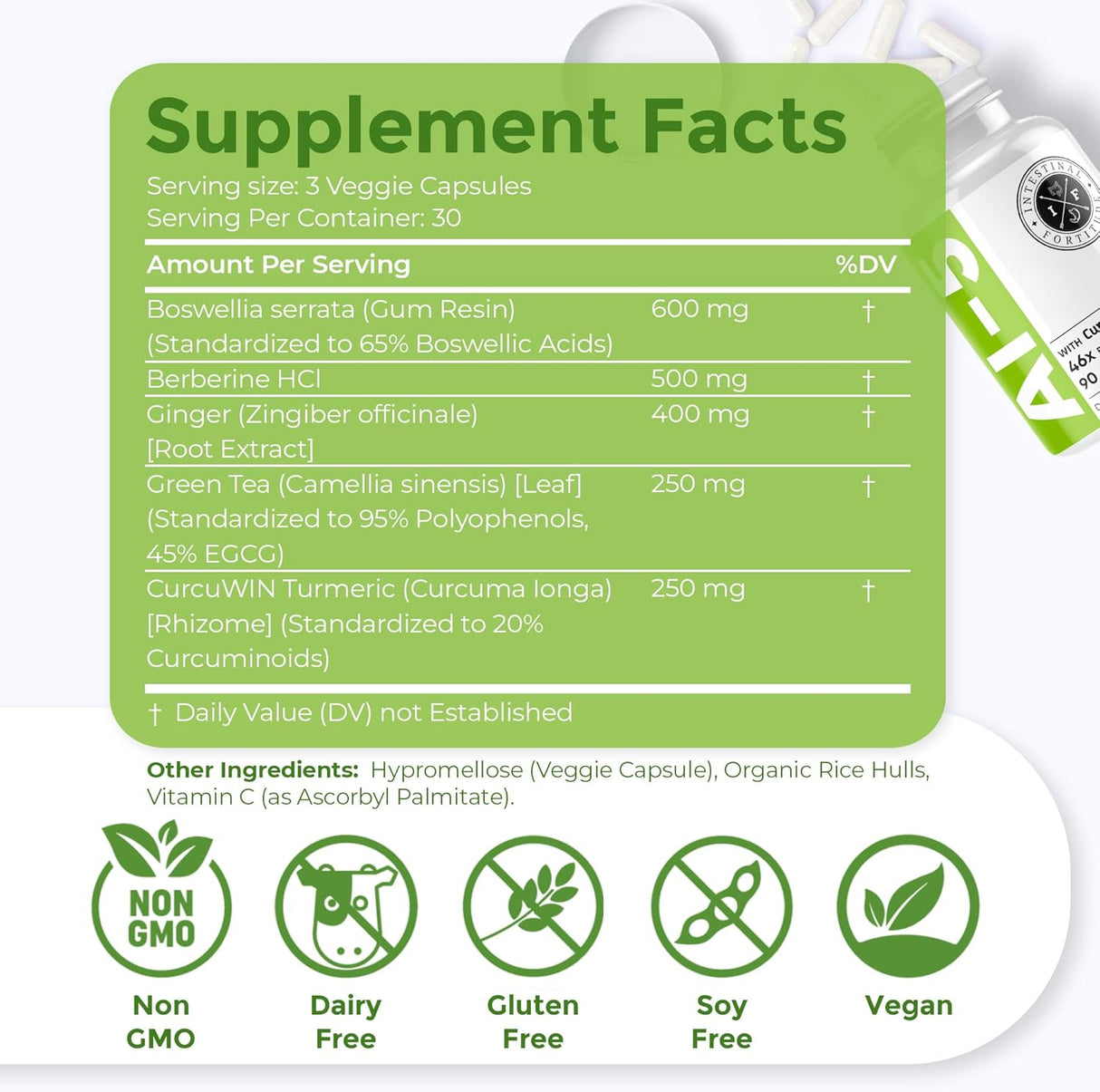 Suplemento Digestivo Intestinal Fortitude AI-5, Sin GMO, Sin Lácteos