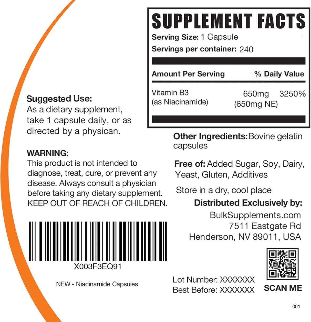 Suplemento de vitamina B3 (niacinamida) 100 cáp de gelatina