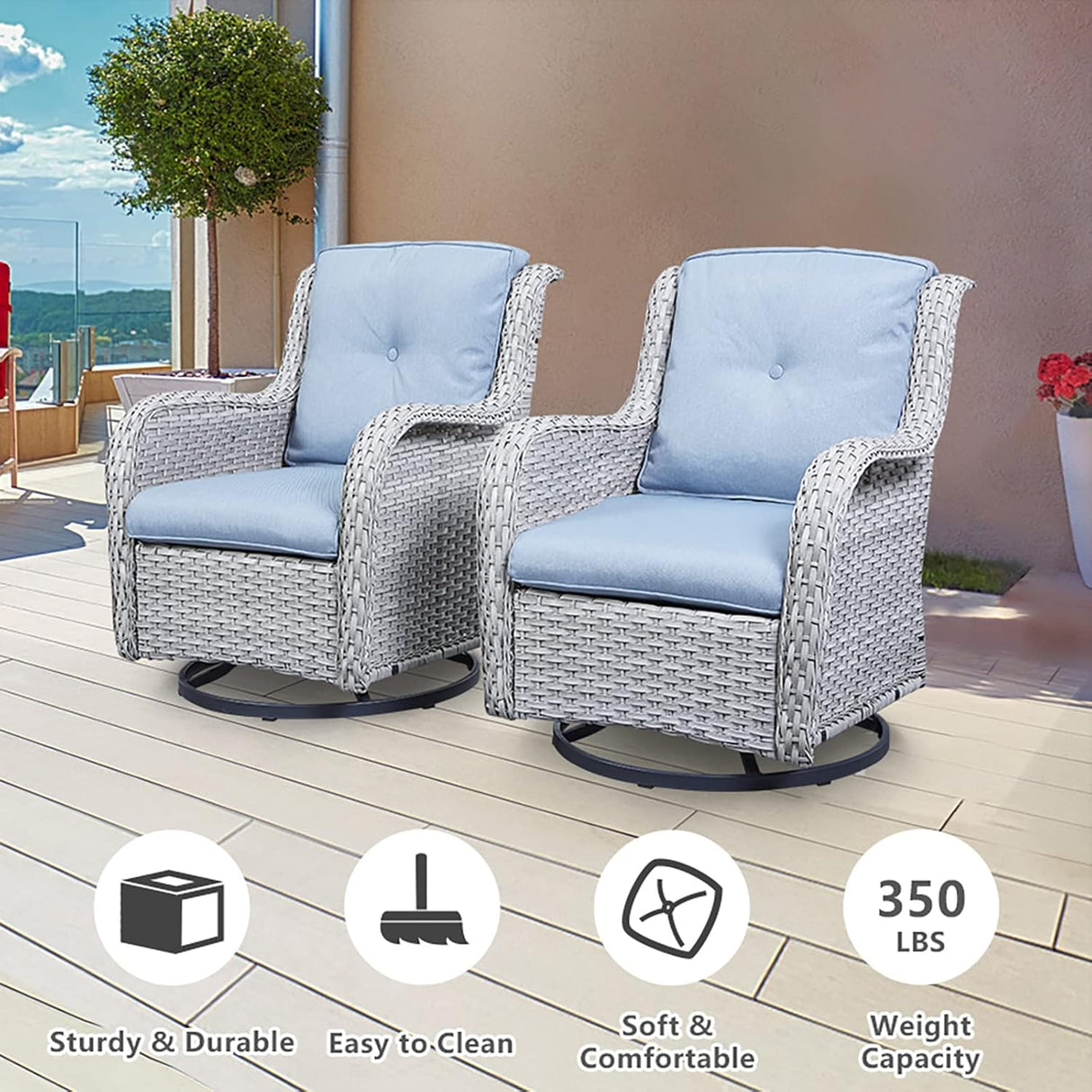 Belord Juego de muebles de patio al aire libre de 5 piezas, muebles de mimbre para conversación, sillas mecedoras giratorias para exteriores con sofá de 3 plazas y 2 otomanas para espacios pequeños, cojín azul bebé