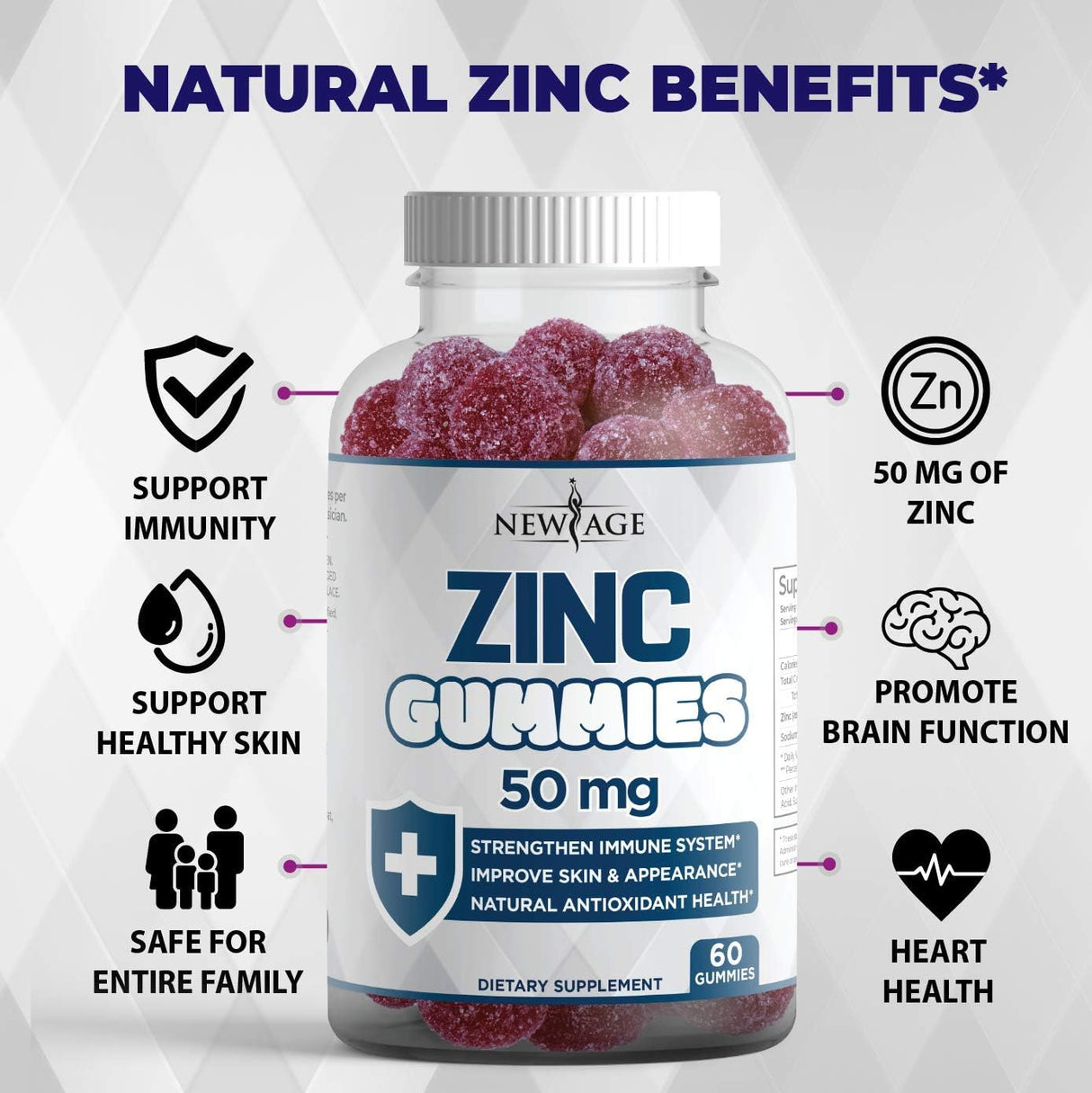 Gomitas de zinc – Paquete de 2 – Suplemento de zinc inmunitario de alta potencia de 50 mg, defensa inmune, potente antioxidante natural, sin OMG, de New Age, 120 unidades