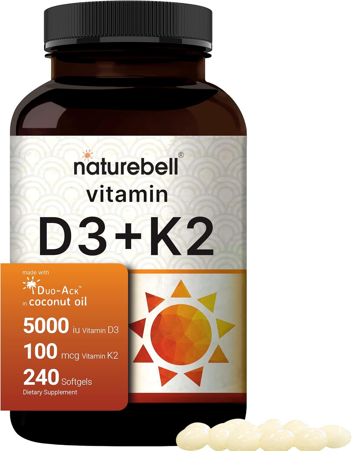 Vitamin D3 5000 K2 Virgin Coconut Oil NatureBell 240 Softgels