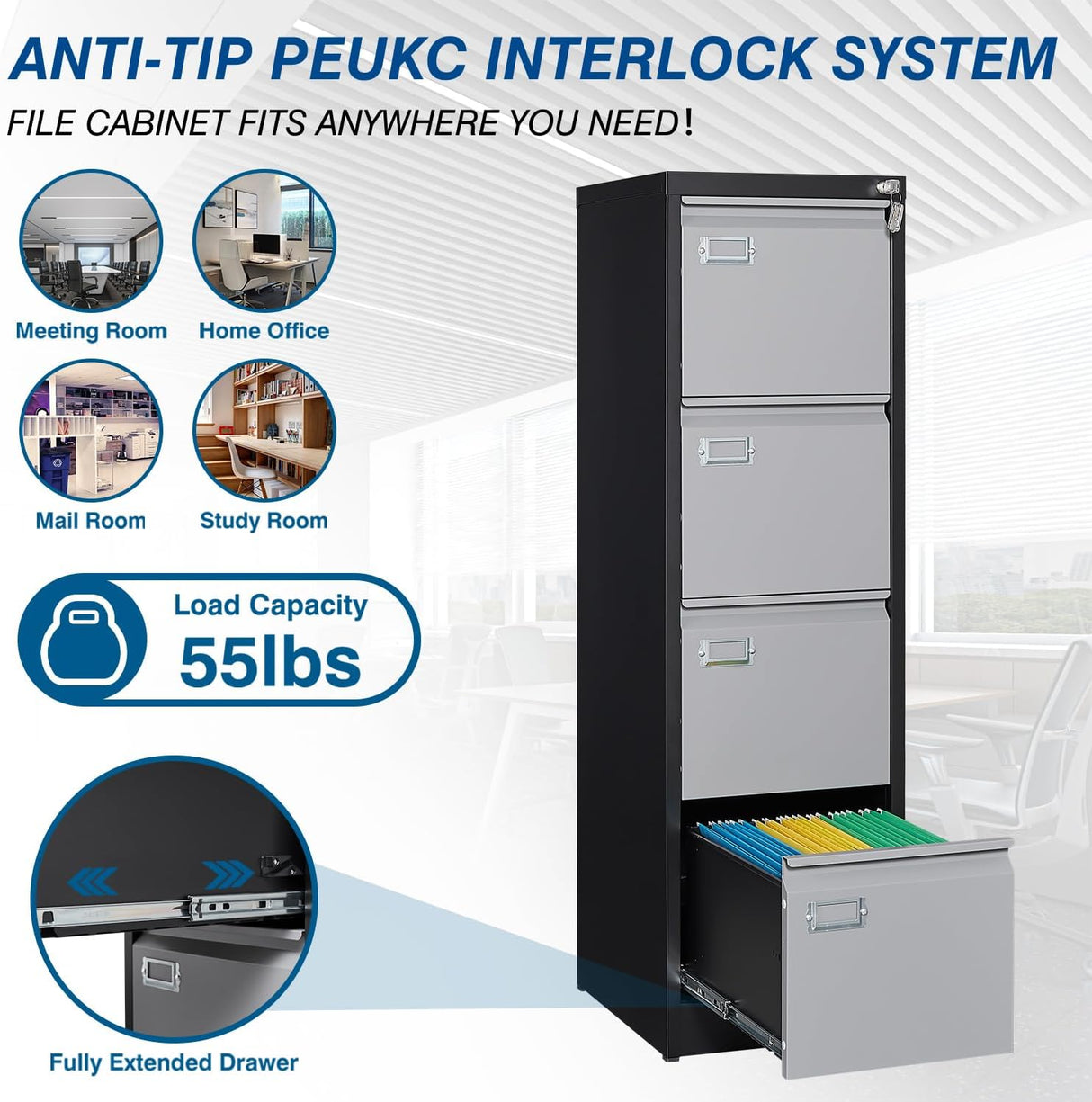 Archivador Vertical de 4 Cajones, Metal, Antivuelco, Modelo A4