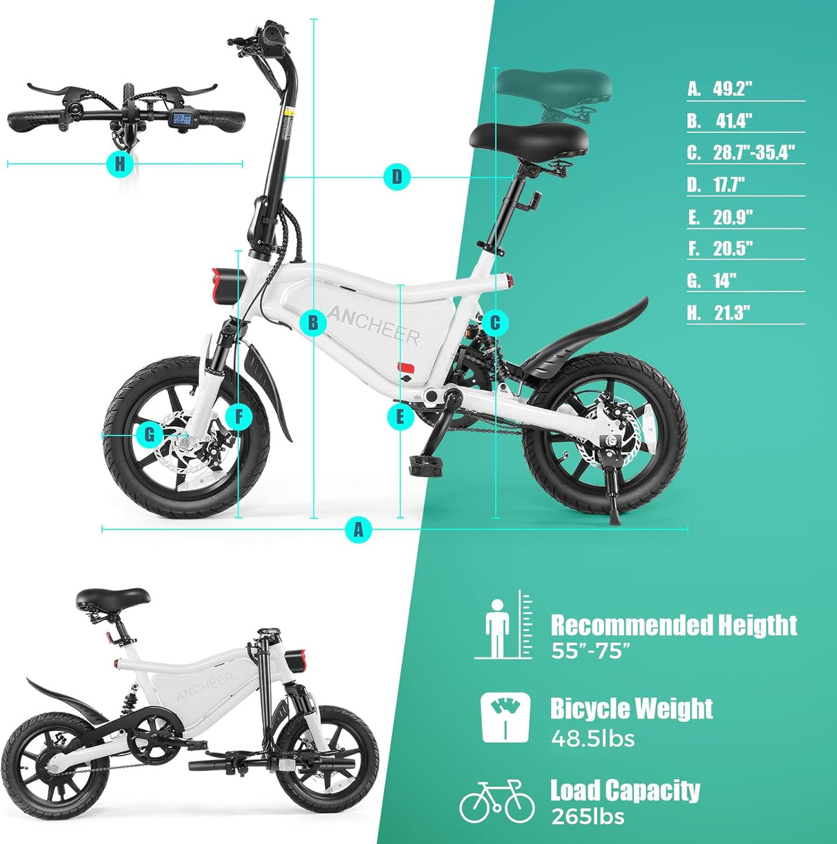 Bicicleta eléctrica plegable ANCHEER 20MPH, 374Wh, 14