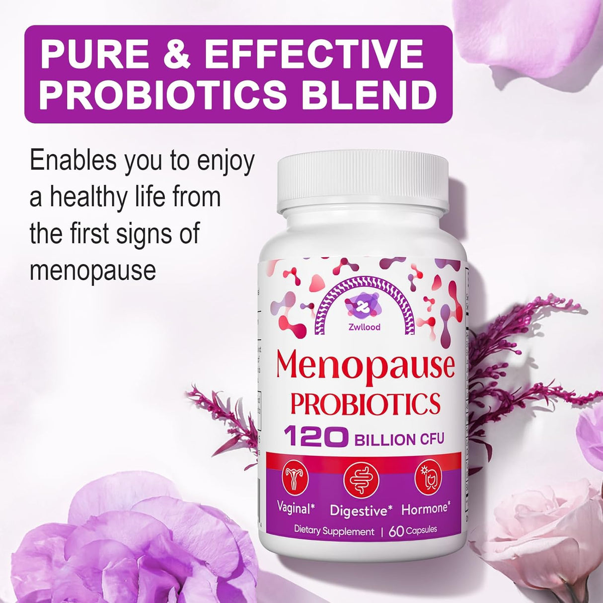 Suplemento de Menopausia, 120 Mil Millones CFU, Probióticos Naturales, 60 Cápsulas
